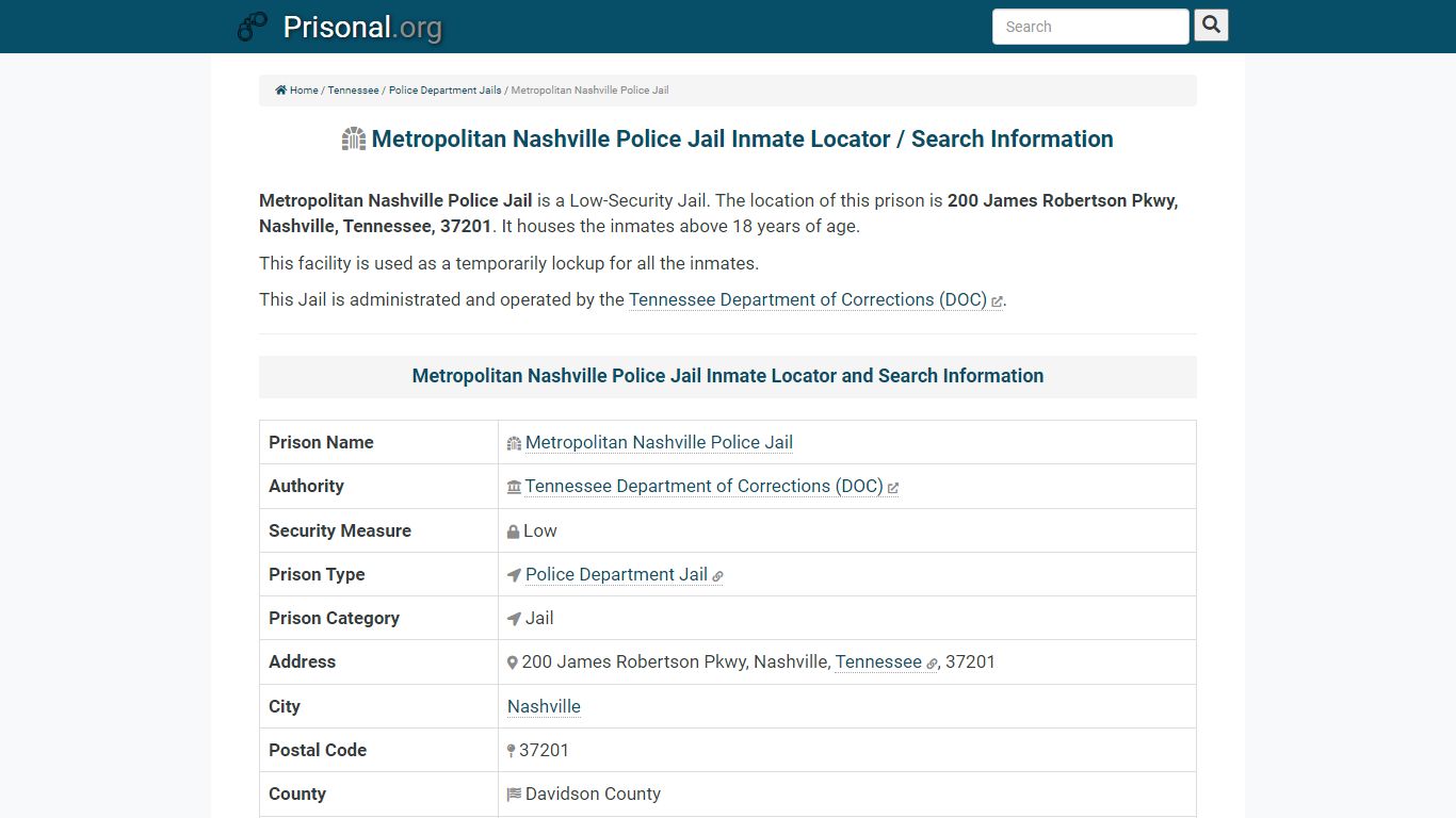 Metropolitan Nashville Police Jail-Inmate Locator/Search ...